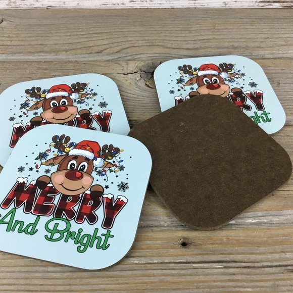 Merry and Bright Reindeer Christmas Coasters Set of 4 - Picture 6 of 8